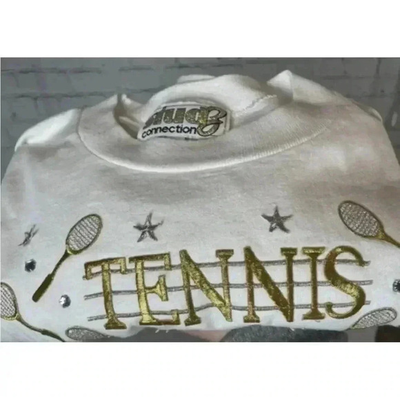 Vintage STUDZ Connection white Gold Tennis T shirt Top woman’s size L Embellish - Picture 12 of 13